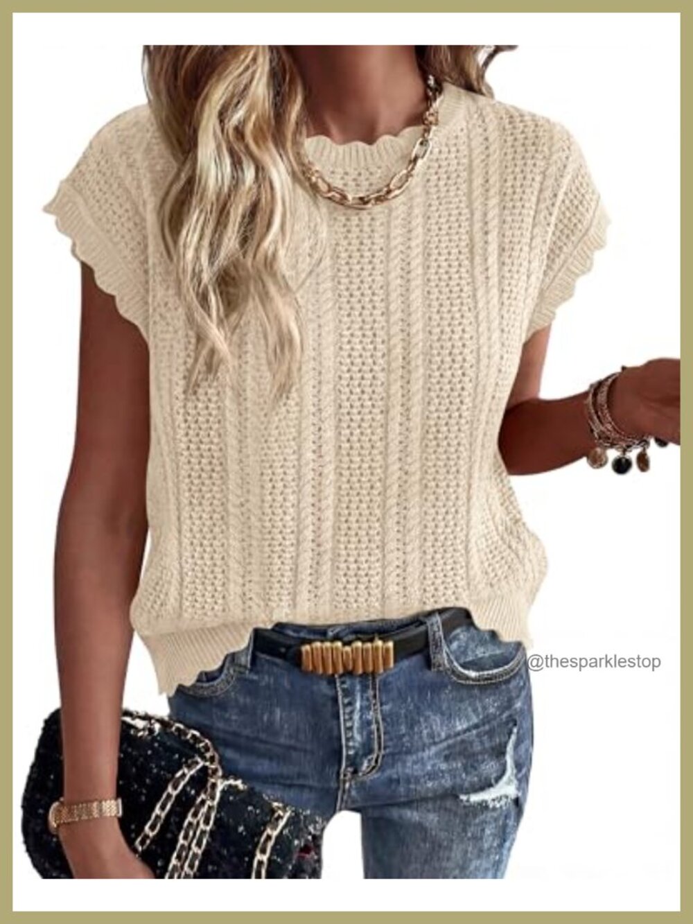 Open Knit Cap Sleeve Sweater Vest Crewneck Loose Fit